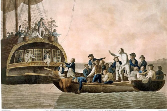 A contemporary engraving of Lieutenant William Bligh and fellow crewman being cast adrift in the South Pacific in the Mutiny on the Bounty. 