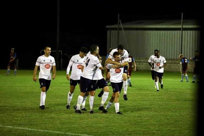 Bude Town celebrate scoring during their 4-1 win at Launceston last Tuesday night. Picture: Bude Town AFC