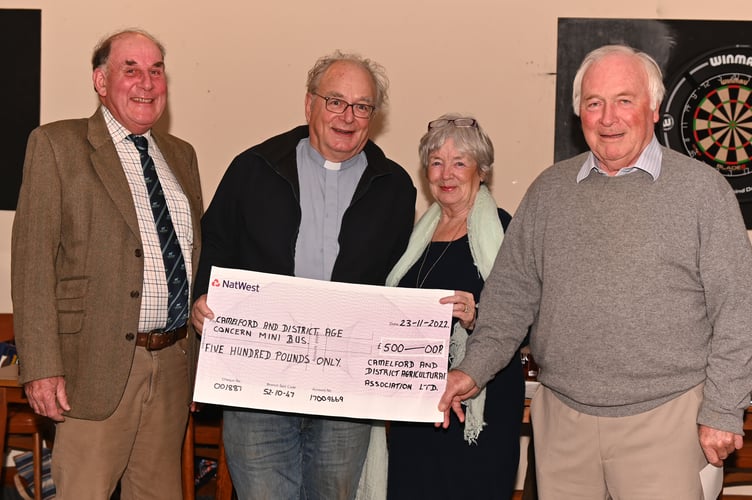 The AGM of the Camelford Show was held at the Poldark Inn Delabole on Wednesday, November 23. The sum of Â£500 was raised at the Camelford Show in August and the charity chosen to receive the funds this year was the Camelford and District Age Concern Mini Bus. Pictured are John Ward (Camelford Show Chairman) and members of the Camelford Age Concern Committee Mike Parsons, Pauline Sandercock and Harry Sandercock.
It was decided at the AGM the Camelford Show will be back on Wendesday 9th August 2023