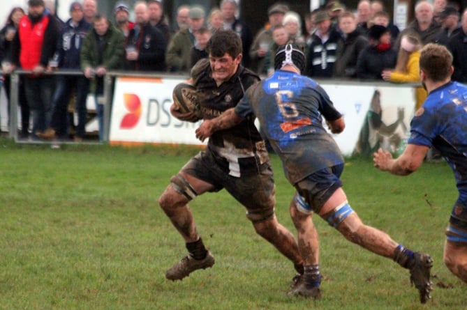 Launceston's blindside flanker, George Bone, takes on opposite number Joseph Connolly during the first half of Saturday's 14-5 victory over Weston-super-Mare at Polson Bridge. Picture: Paul Hamlyn