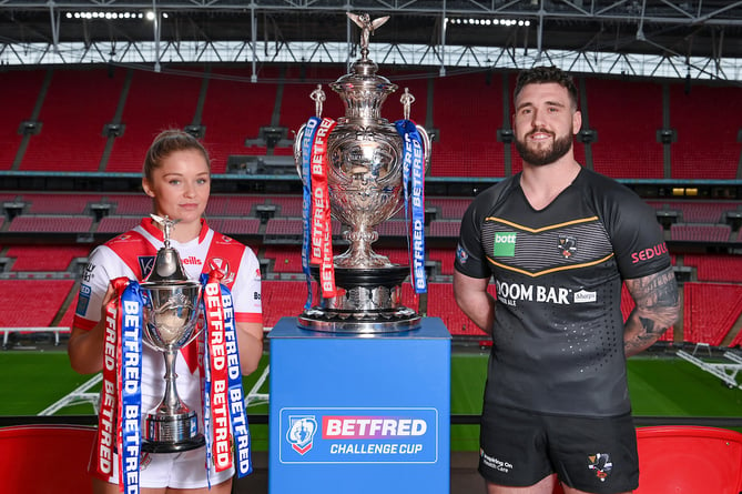 Picture by Alex Broadway/SWpix.com - 12/01/2023 - Betfred Challenge Cup Draw - Wembley Stadium, London, England - Eboni Partington of St Helens and Jake Lloyd of Cornwall RL.