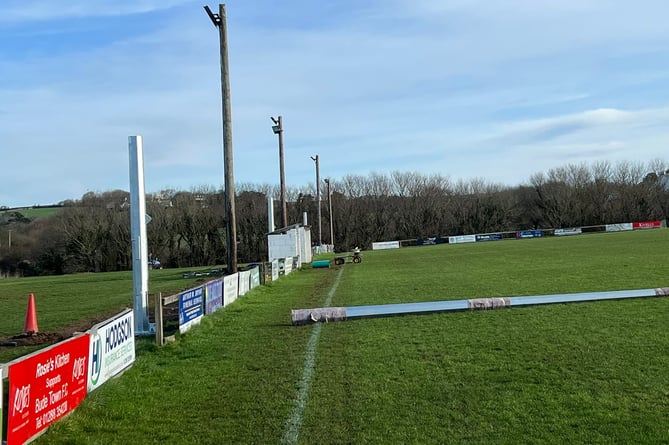Work being carried out on the installation of floodlights on Tuesday (January 17) at Broadclose Park. Picture: Bude Town AFC