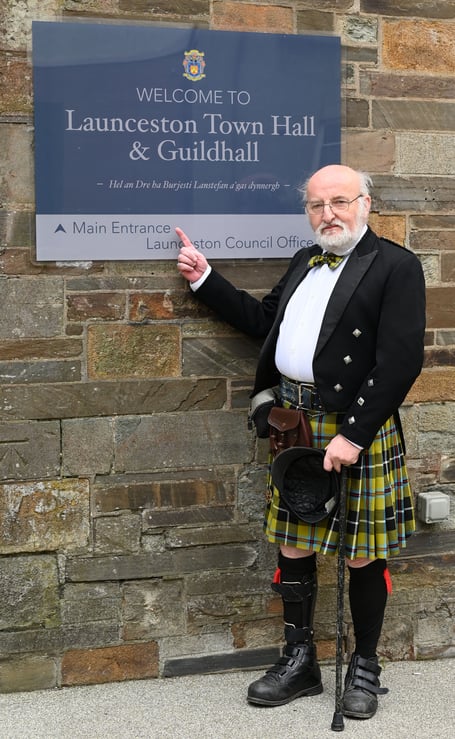 Kevin Wadland dressed in his Cornish Outfit outside the Launceston Town Hall