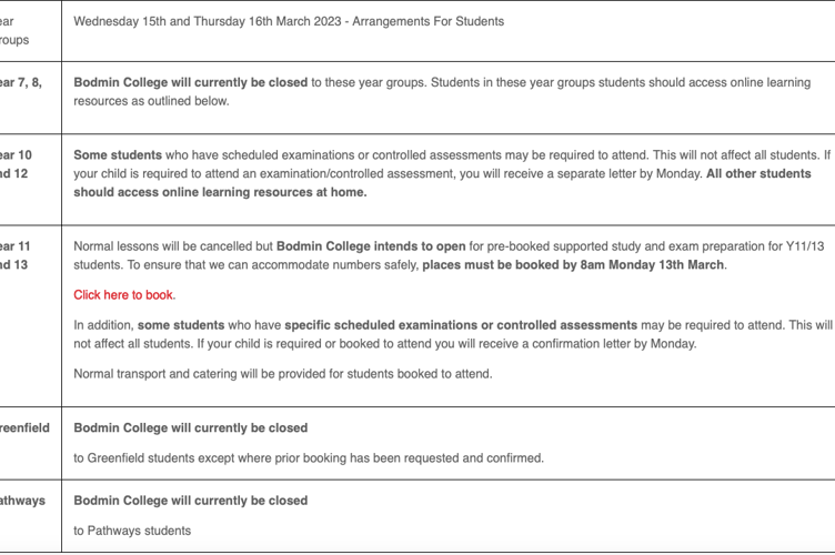 Table released by Bodmin College detailing student attendance during strike action