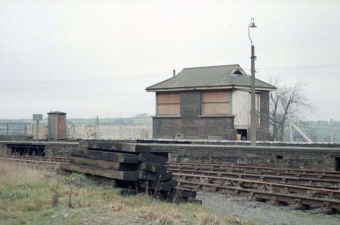 The boarded up signal box outside Okehampton station in 1982