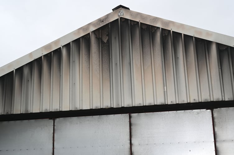 The fire-damaged aircraft hanger at Davidstow Airfield