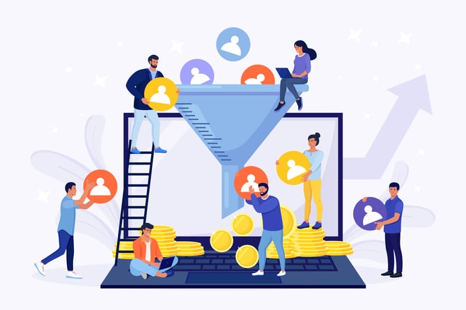Process of communication, attracting customers, followers, making profit. Sales funnel of leads, prospects on laptop. Business strategy. Monetization tips. Increasing conversion rates SMM strategies