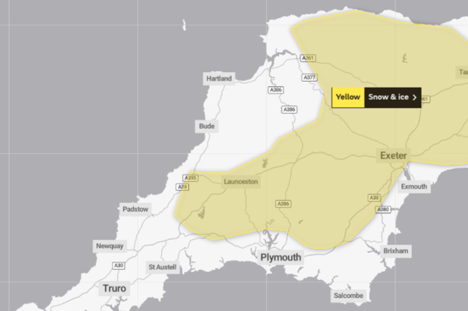Met office yellow weather warning for snow and ice in the South West 