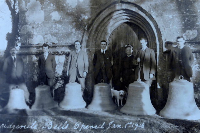 THE Post is grateful to Rose Hitchings of Bridgerule for supplying this picture of the Bridgerule bellringers with the church’s bells.
Rose said: “The bells and ringers are on an old postcard — it’s dated 1926 — but were the bells being put back or had they been
removed for repair ? I also wonder how long the church was without bells.”