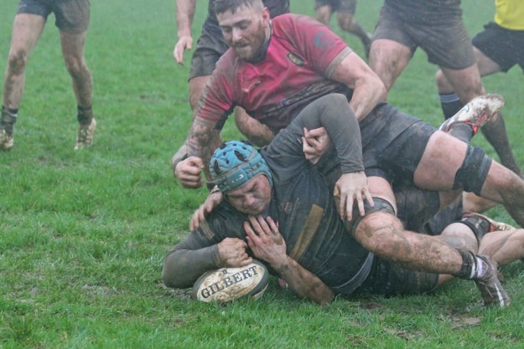 Launceston skipper Brandon Rowley scores his first try of the afternoon against Brixham.