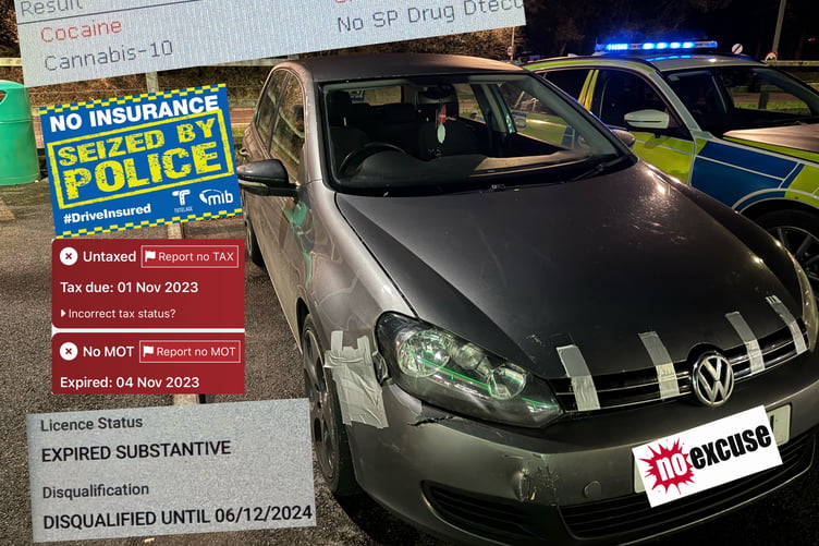 The Volkswagen Golf covered in tape and seized by officers in Wadebridge, Cornwall.Photo released March 5 2024. See SWNS story SDWMRtape. A drug has been arrested after their car was found to be held together - by gaffer tape.The Volkswagen Golf was covered in tape and seized by officers in Wadebridge, Cornwall.Cops found the driver was on drugs, disqualified, uninsured and the car did not have a recent MOT.Devon and Cornwall Police tweeted: ''Golf caught our attention for no particular reason
. Driver found to be disqualified, positive roadside test for cocaine, uninsured and the vehicle expired MOT and VEL - other than that
..! Seized and driver arrested. #NoExcuse #Fatal5.''