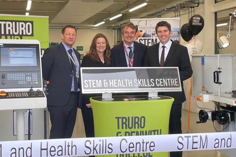 Representatives of Callywith College and Truro and Penwith College with Gillian Keegan, Secretary of State for Education (second left) and North Cornwall MP Scott Mann (right)