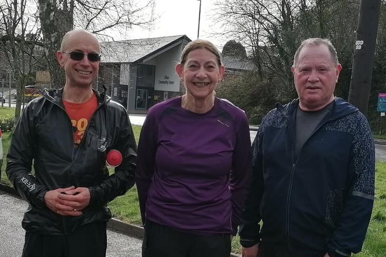 Kevin and Vin Marshall with Paul Heywood who had the official Lifton Community Centre charity place at this year's London Marathon
