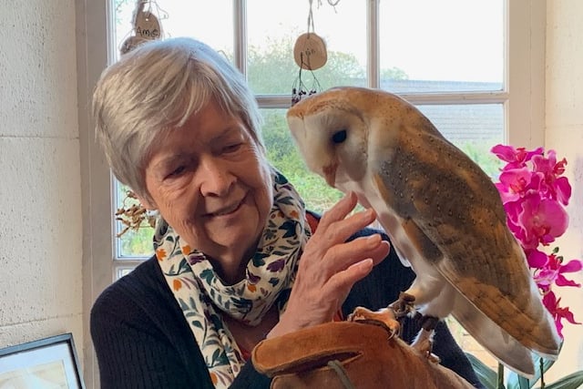 Coad's Green Women's Institute member Pat Mallett handling Nina the Barn Owl