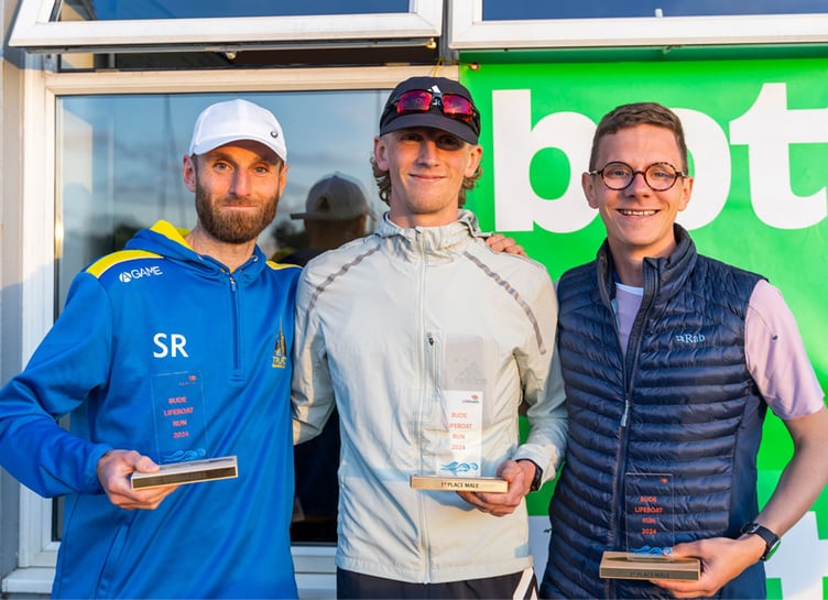 Bude's Joshua Benford (centre) won the race ahead of Truro's Steve Reynolds and fellow Bideford AAC runner James Pugsley (right).