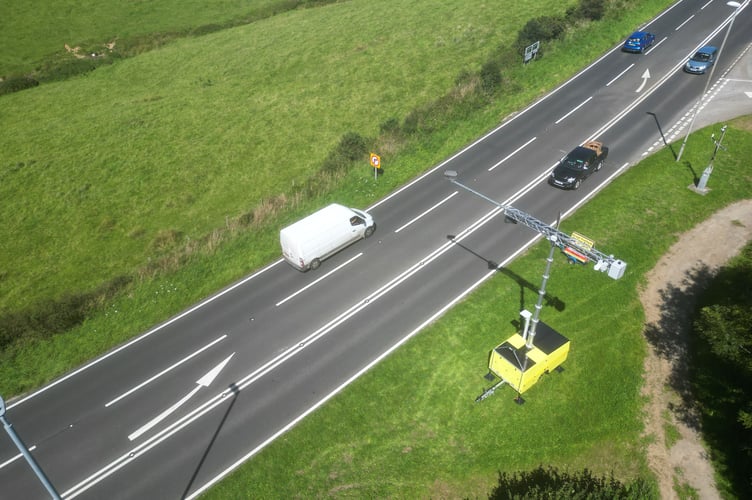 An aerial view of an Acusensus camera trailer on the A38 at Landrake