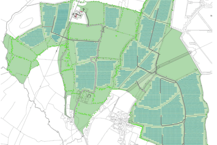 The proposed layout of the 82.1ha solar farm at Canworthy Water