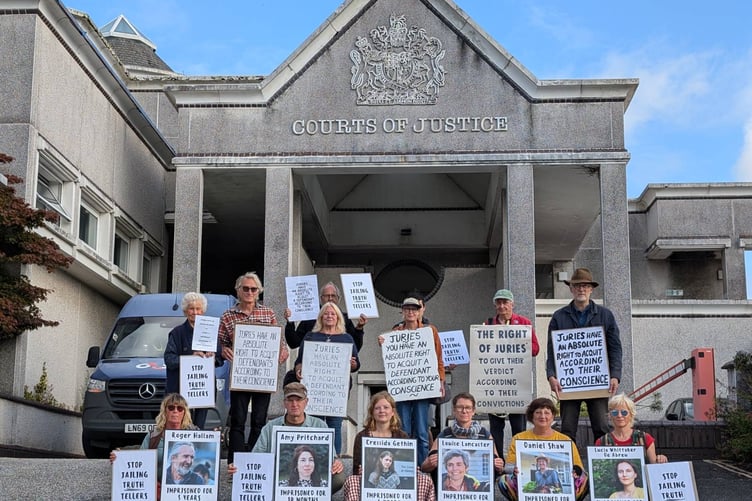 Defend Our Juries protestors outside Truro Crown Court
