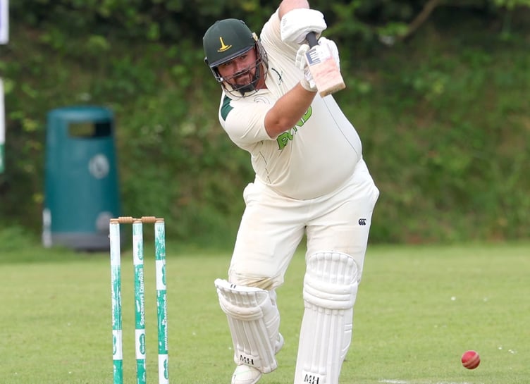 Callington Thirds captain Toby Beresford-Power plays a shot down the ground during Sunday's Division Three East clash with Newquay Seconds at Moores Park. Picture: Glen Rogers