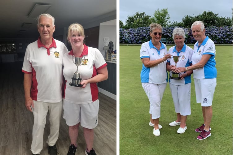 Left: Dunheved's Mixed Pairs winning team of Colin Squire and Claire Fishleigh. Right: The Group Two winners of the Benevolent Triples. From left: Anne Cadd, Cynthia May and Gill Hodgkinson.
