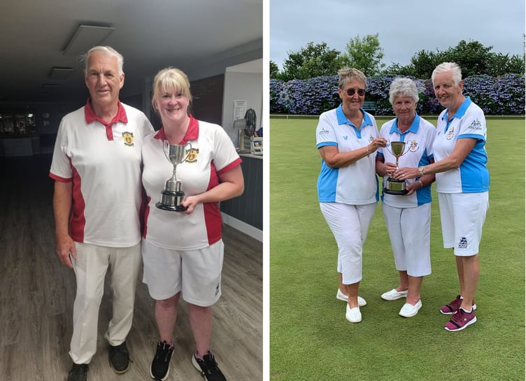 Left: Dunheved's Mixed Pairs winning team of Colin Squire and Claire Fishleigh. Right: The Group Two winners of the Benevolent Triples. From left: Anne Cadd, Cynthia May and Gill Hodgkinson.