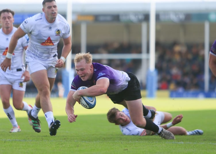 Harry Yates is about to score for the Cornish Pirates at Exeter Chiefs on Saturday. Picture: Brian Tempest
