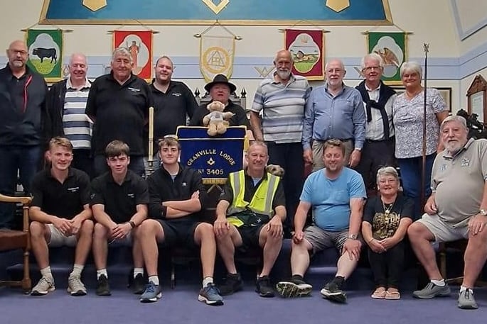 The charity walkers, members of Cotehele Lodge, and supporters met members of Granville Lodge at Bude Masonic Hall during their sponsored walk from Lands End to their Masonic Hall