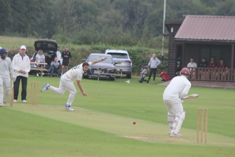 Callington's Cornwall opening bowler Ben Ellis bowls to Werrington vice-captain Mark Gribble who made a valuable 28 in his stand of 97 with Thulina Dilshan. Picture: Paul Hamlyn