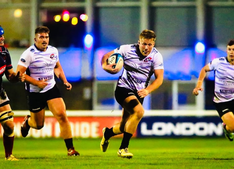 Centre Joe Elderkin makes a break at London Scottish on Friday night. Picture: Brian Tempest