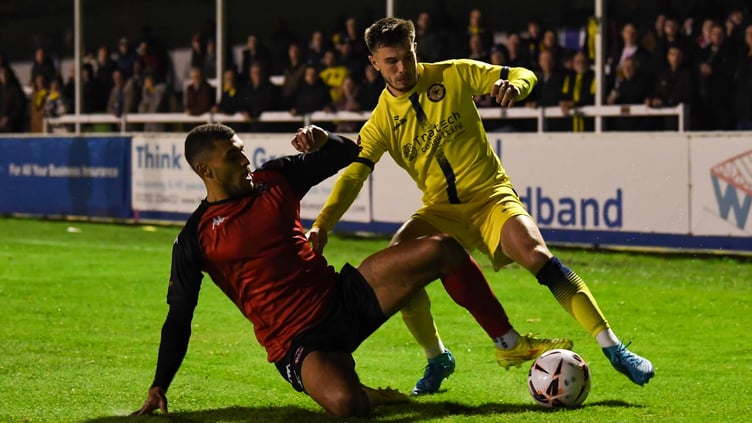 Christian Oxlade-Chamberlain (left) battles for the ball at Farnborough. Picture: Dave Vokes