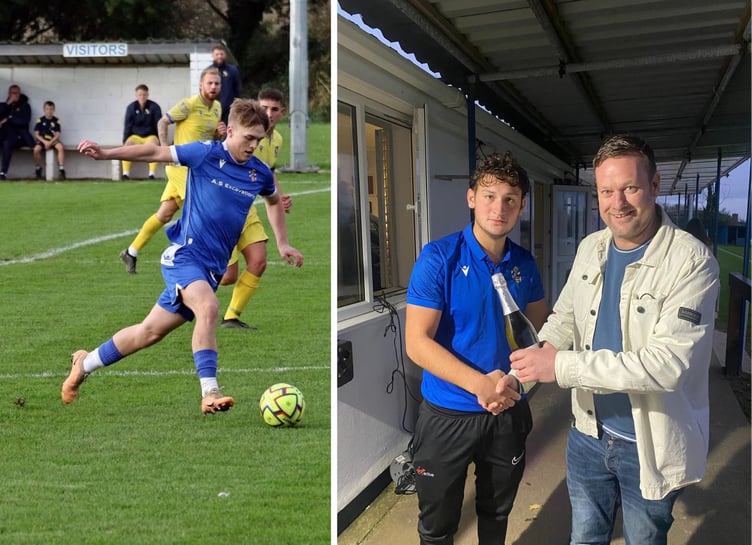 Bude Town debutant Callum Deemer (left), who scored a late equaliser, runs at the Sticker defence, while right, home man of the match Maximus Alvarez-Lopera is pictured with club official, Brad Hopgood. Pictures: Bude Town AFC