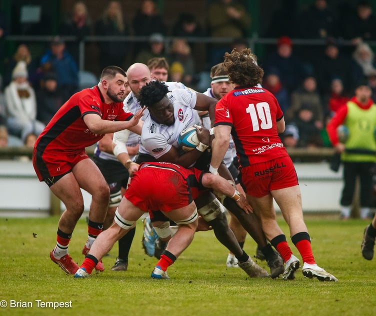 Cornish Pirates forward Tomi Agbongbon looks to break through the Hartpury defence during their Championship clash