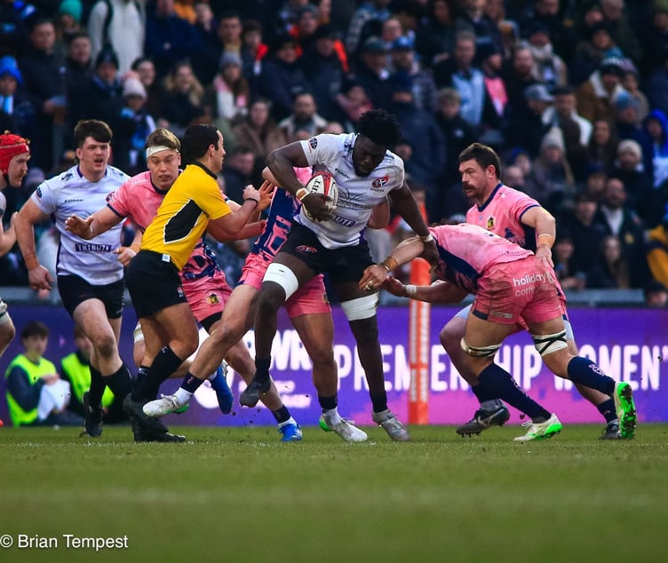 Cornish Pirates No.8 Tomi Agbongbon takes on the Exeter Chiefs defence during their Premiership Rugby Cup encounter