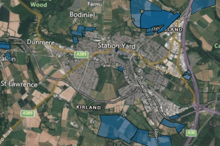 The locations marked in blue are the parts of Bodmin which could be offered for additional housebuilding in the coming years. (Picture: Cornwall Council)