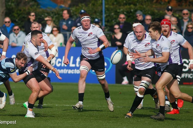 Cornish Pirates centre Chester Ribbons in Championship action against Bedford Blues at Goldington Road