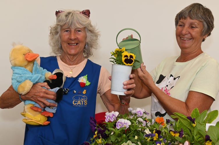 Tempting you with some colourful plants for the season ahead at the Launceston Cats Protection League Easter Fayre are Daphne and Sue. (Picture: Adrian Jasper)