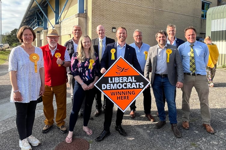 Ten of the Liberal Democrat's 11 new councillors celebrate their result with Ben Maguire MP (Picture: North Cornwall Liberal Democrats)
