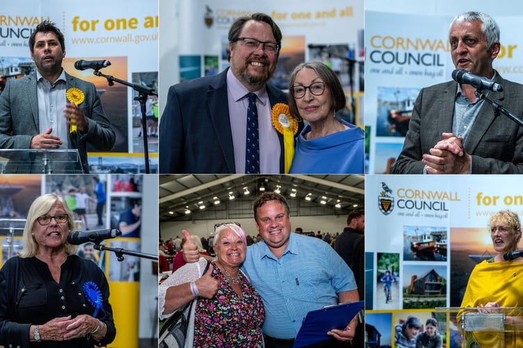 Top row, left to right: Leigh Frost (Liberal Democrat) Bodmin St Petroc's; Dan Rogerson (Liberal Democrat) with his mother Pat who vacated the Bodmin St Mary’s and St Leonard seat he won; Dick Cole (Mebyon Kernow) St Dennis & St Enoder. Bottom row, left to right: Jane Pascoe (Conservative) retained her Liskeard South & Dobwalls seat; Cornwall Council chair Pauline Giles (Conservative) with James Mustoe (Conservative) celebrate winning St Blazey and Mevagissey respectively; Hilary Frank (Liberal Democrat) Saltash Essa. (Pictures: Paul Williams)