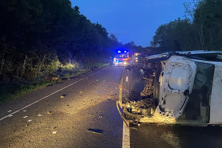 The overturned vehicle on the A39 near St Kew Highway (Picture: Wadebridge Community Fire Station)
