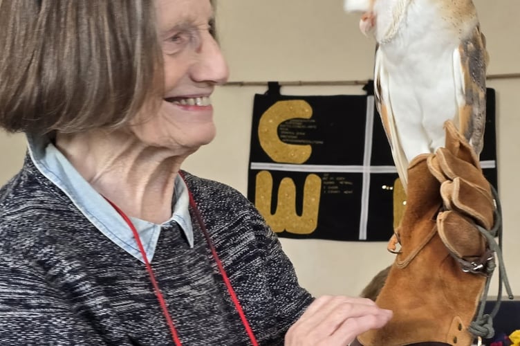 Linda Watkins of Lezant WI was the first to hold Nina an eight year old European Barn Owl during a very informative talk