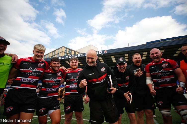 Cornish Pirates joint head coach Gavin Cattle celebrates with his side following their win at Coventry. Picture: Brian Tempest