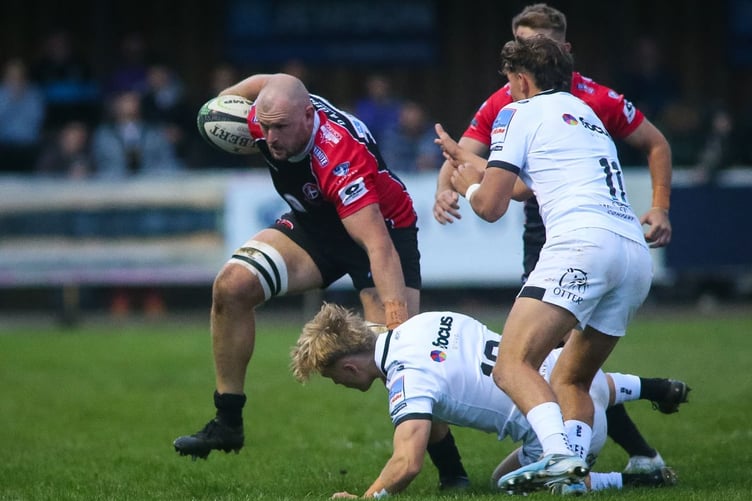 Cornish Pirates forward Alex Everett barges is way through the Exeter Chiefs defence