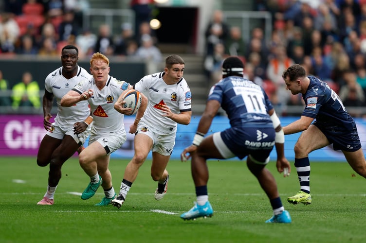 Exeter's Dan John looks to find a way through the Bristol's defence during Saturday's clash at Ashton Gate