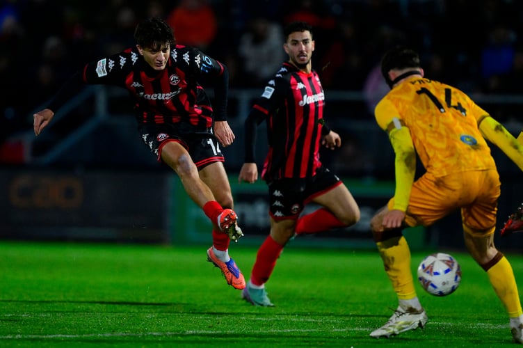 Goal celebrations for Lirak Hasani of Truro City during the National League match between Truro City and Sutton United at Truro City Stadium on 22 December 2025 Photo: Phil Mingo/PPAUK