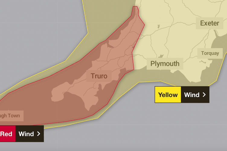 A red weather warning has now been issued for Cornwall
