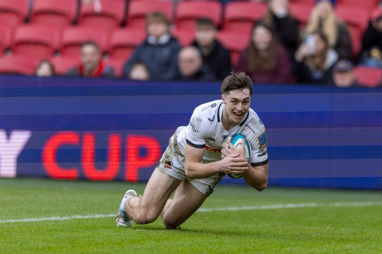Winger Campbell Ridl crosses for one of his three tries as Exeter Chiefs defeated Bristol Bears in the Premiership Rugby Cup