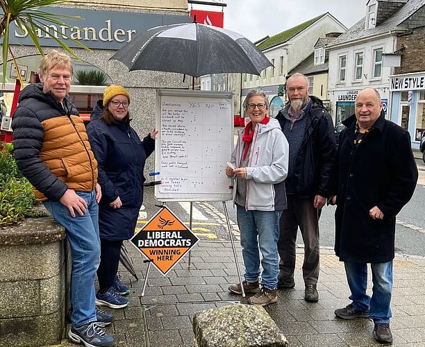 Liberal Democrat representatives Steve Miller, Naomi Taylor, Sarah Preece, Adam Sturtridge and Jim Candy outside the Santander bank in Liskeard which is set to close later in the year