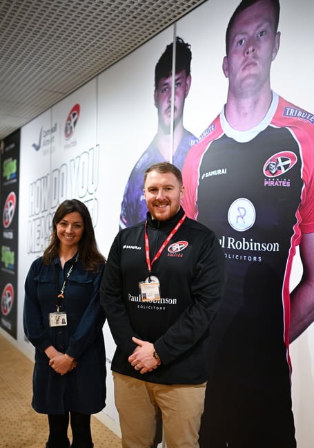 (L-R) Rebecca Marks and Ross Hancock showcase the Cornish Pirates departure lounge takeover
