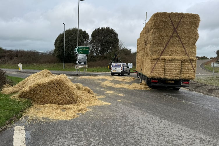 Straw Lorry lost bales Wadebridge