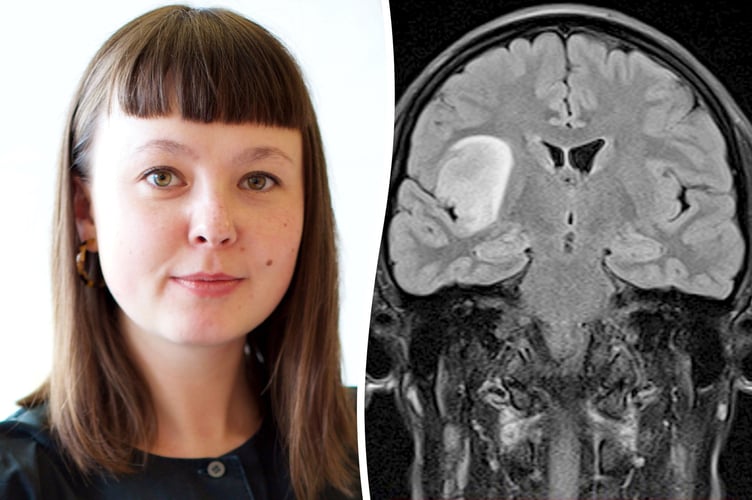 Leah Jensen, 35, documented her health journey in a stitched fabric journal that she's now due to exhibit - The show is called 'Brain Tumour Book - Artist Leah Jensenâs Journey Through Cancer Diagnosis to Treatment. //  A woman who put her headaches down to "tiredness" was diagnosed with brain cancer - after she forgot how to talk.  Leah Jensen, 35, had always struggled with headaches and a bad memory, but didn't think much of her symptoms.  In 2020, the sculptor and ceramicist suffered a migraine while working a shift at a South East London pub, before she began to lose her vision.  After Leah became confused and unable to understand what people were saying to her, an ambulance was called and she was rushed to hospital.  Leah underwent eight months of tests before being diagnosed with grade three brain cancer, and undergoing life-saving surgery to get the tumour removed.   